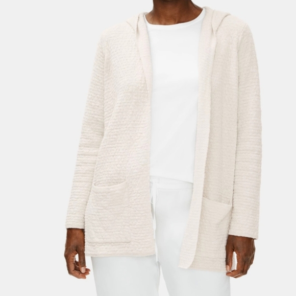 NWT Eileen Fisher Organic Cotton Linen Slub Hooded Cardigan Straight Fit in Bone - Picture 2 of 8